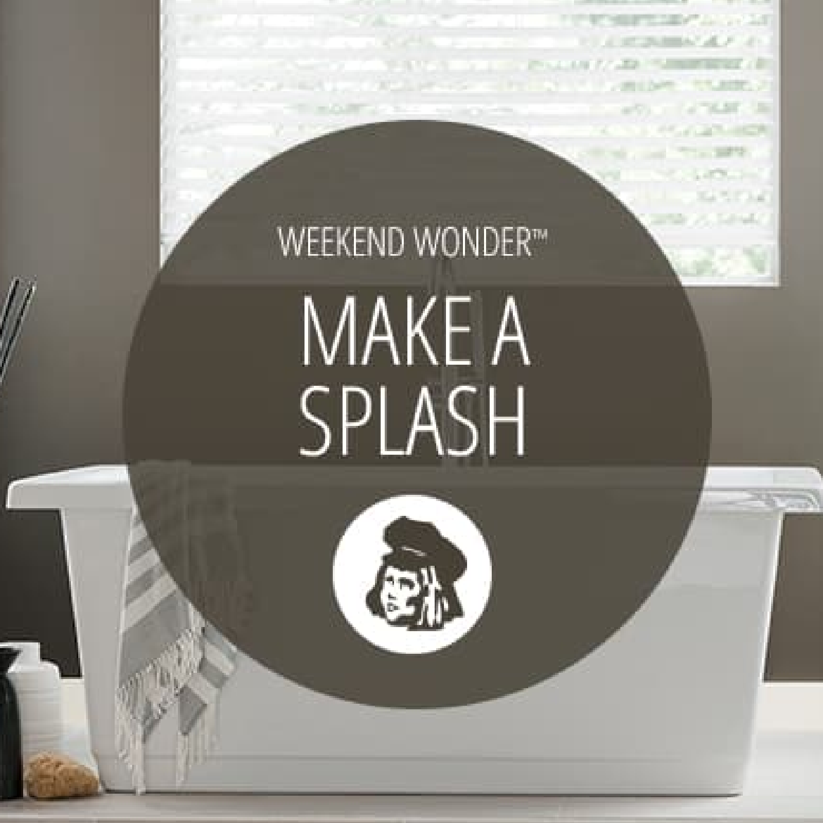 Bathroom with dark grey walls and tub. Graphic with Dutch Boy icon: Weekend Warrior Make a Splash